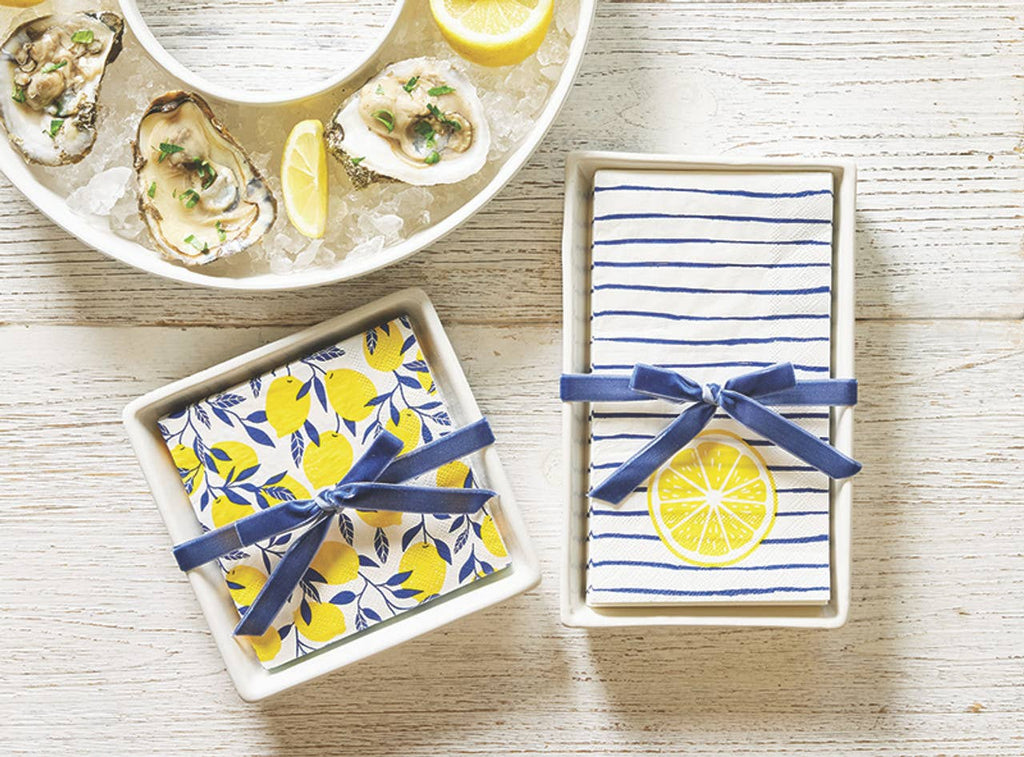 Ceramic Guest Napkin Tray + Napkins - Striped Lemon